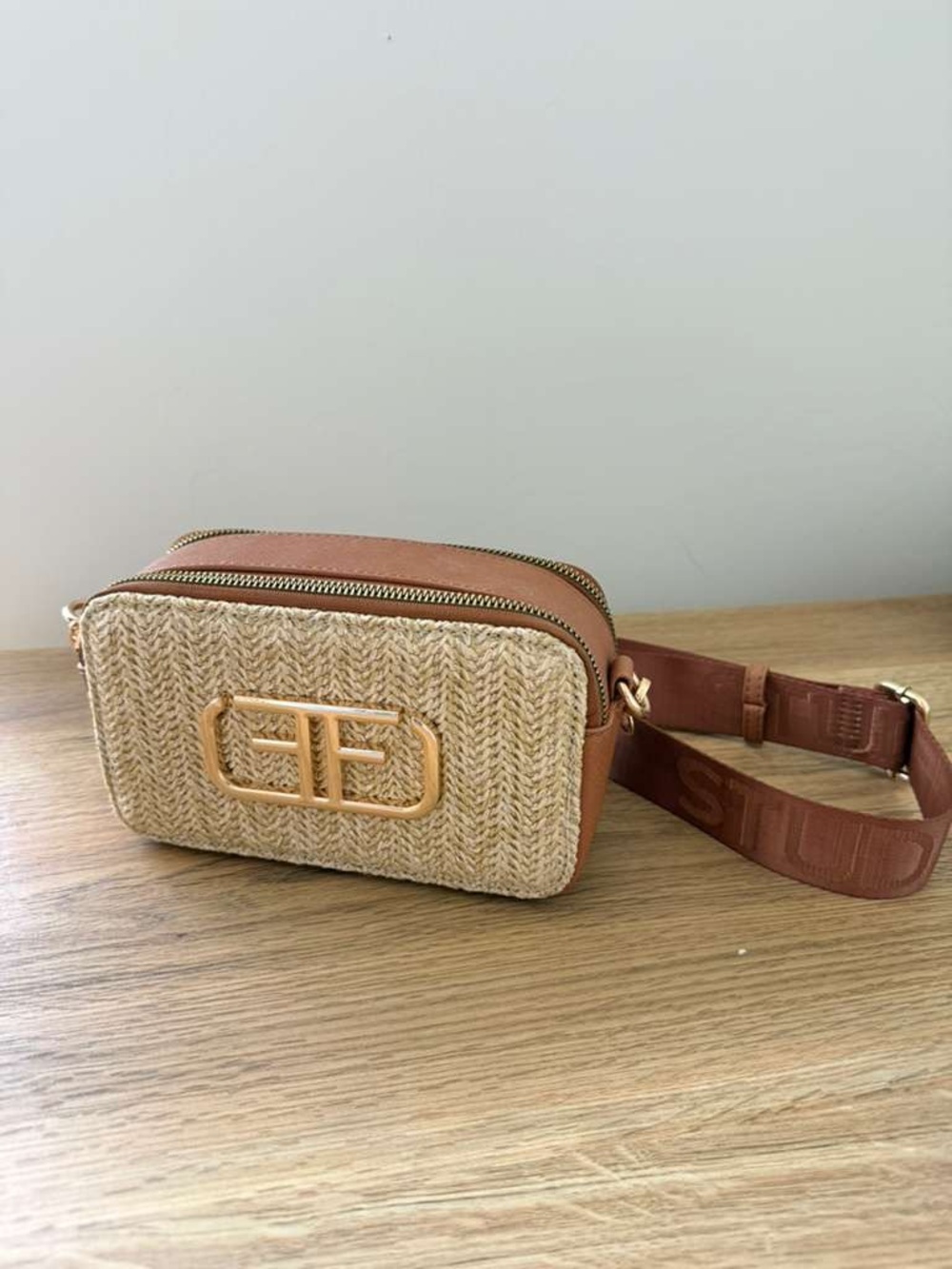 Woven Straw Crossbody Bag with Tan Trim and Gold Accent